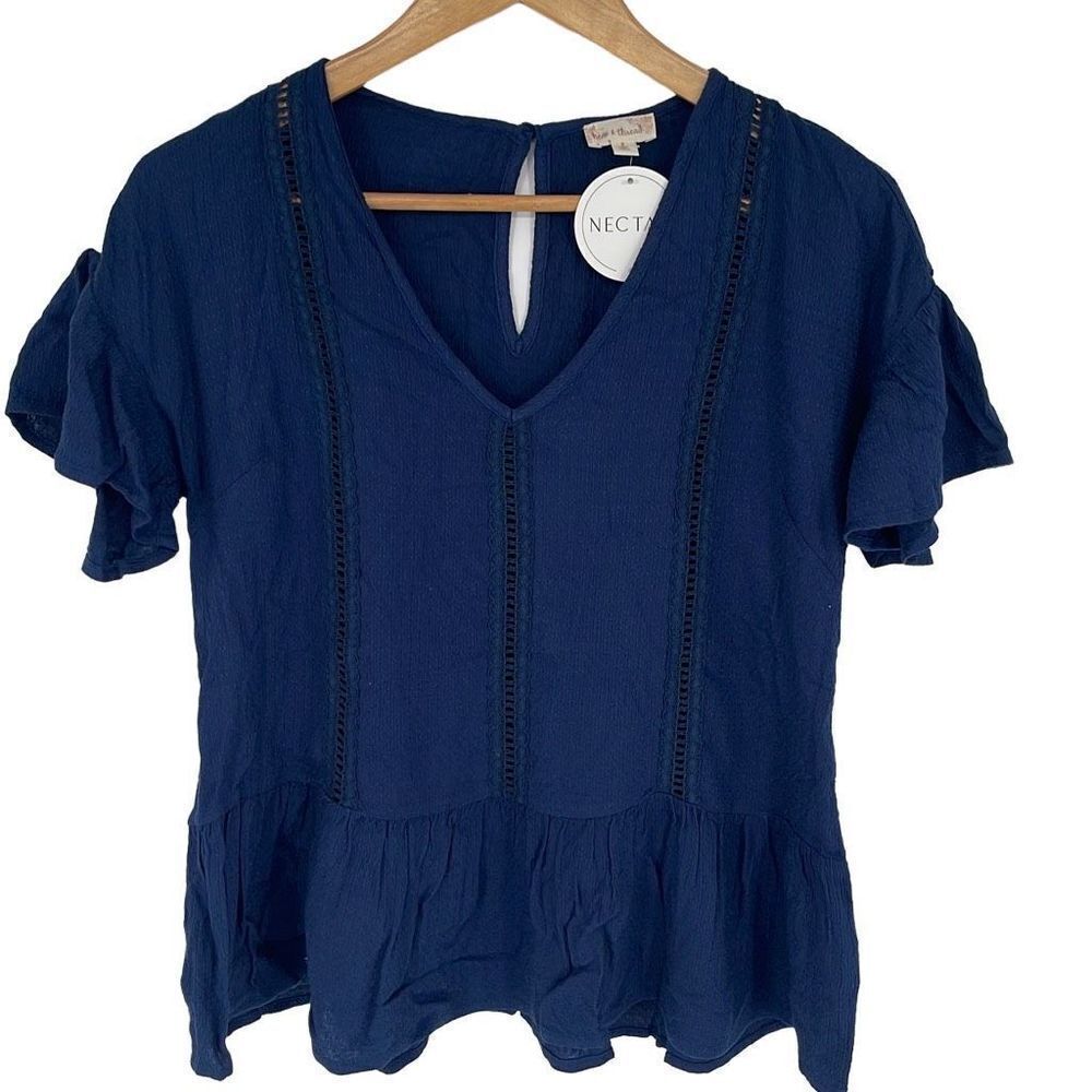Hem & Thread Womens Peplum Blouse Top Flutter Sleeve V Neck Navy Blue Size Small